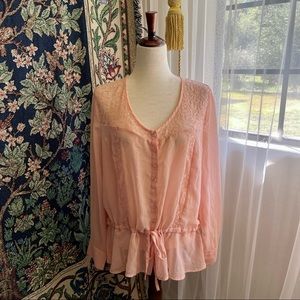 Pastel Pink / Peach Long Sleeve Floral Lace Sheer Chiffon Blouse with Drawstring